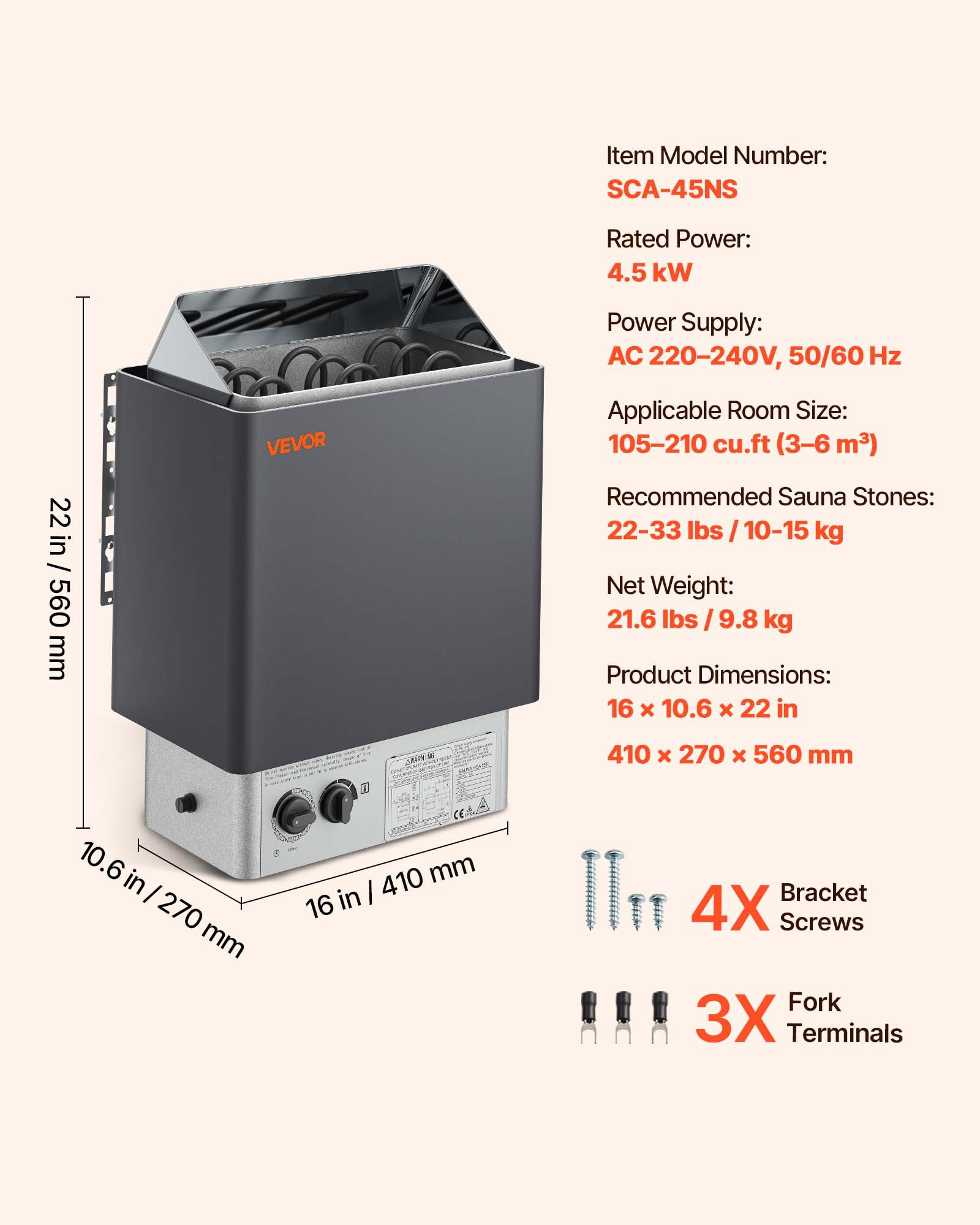 VEVOR Sauna Heater, 4.5KW 220V Electric Sauna Stove, Steam Bath Sauna Heater with Built-In Controls, 3h Timer and Adjustable Temp for Max. 105-210 Cubic Feet, Home Hotel Spa Shower Use