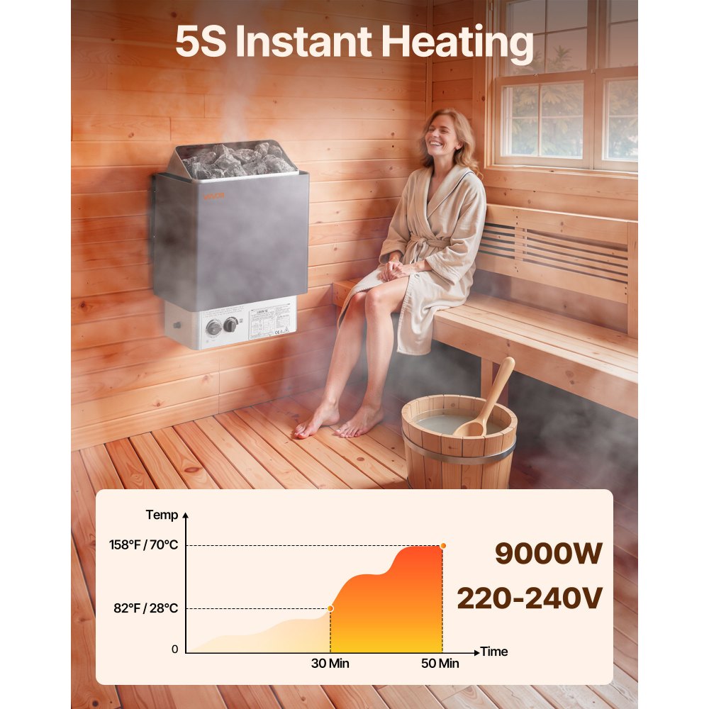 VEVOR 9KW Sauna Heater, Steam Bath Sauna Heater with Built-In Controls, Electric Sauna Stove, 3h Timer and Adjustable Temp for Max. 317-459 Cubic Feet, Home Hotel Spa Shower Use 220V