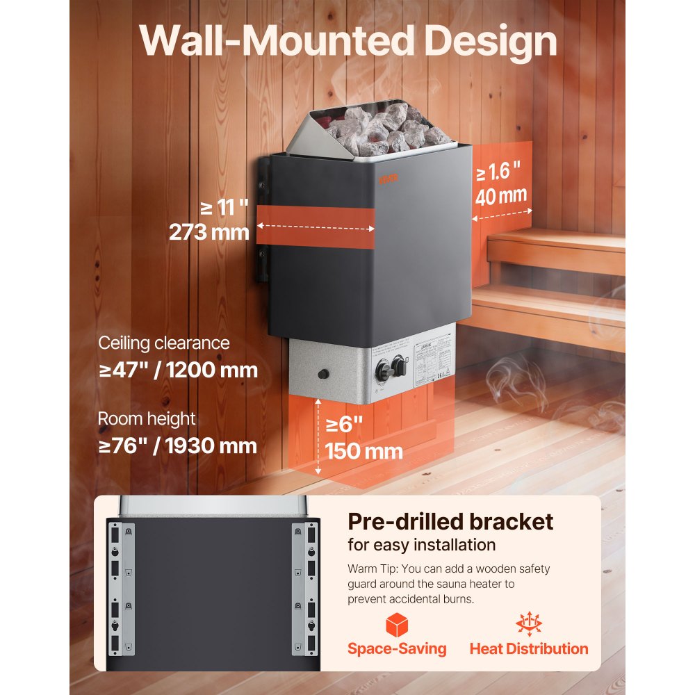 VEVOR 9KW Sauna Heater, Steam Bath Sauna Heater with Built-In Controls, Electric Sauna Stove, 3h Timer and Adjustable Temp for Max. 317-459 Cubic Feet, Home Hotel Spa Shower Use 220V