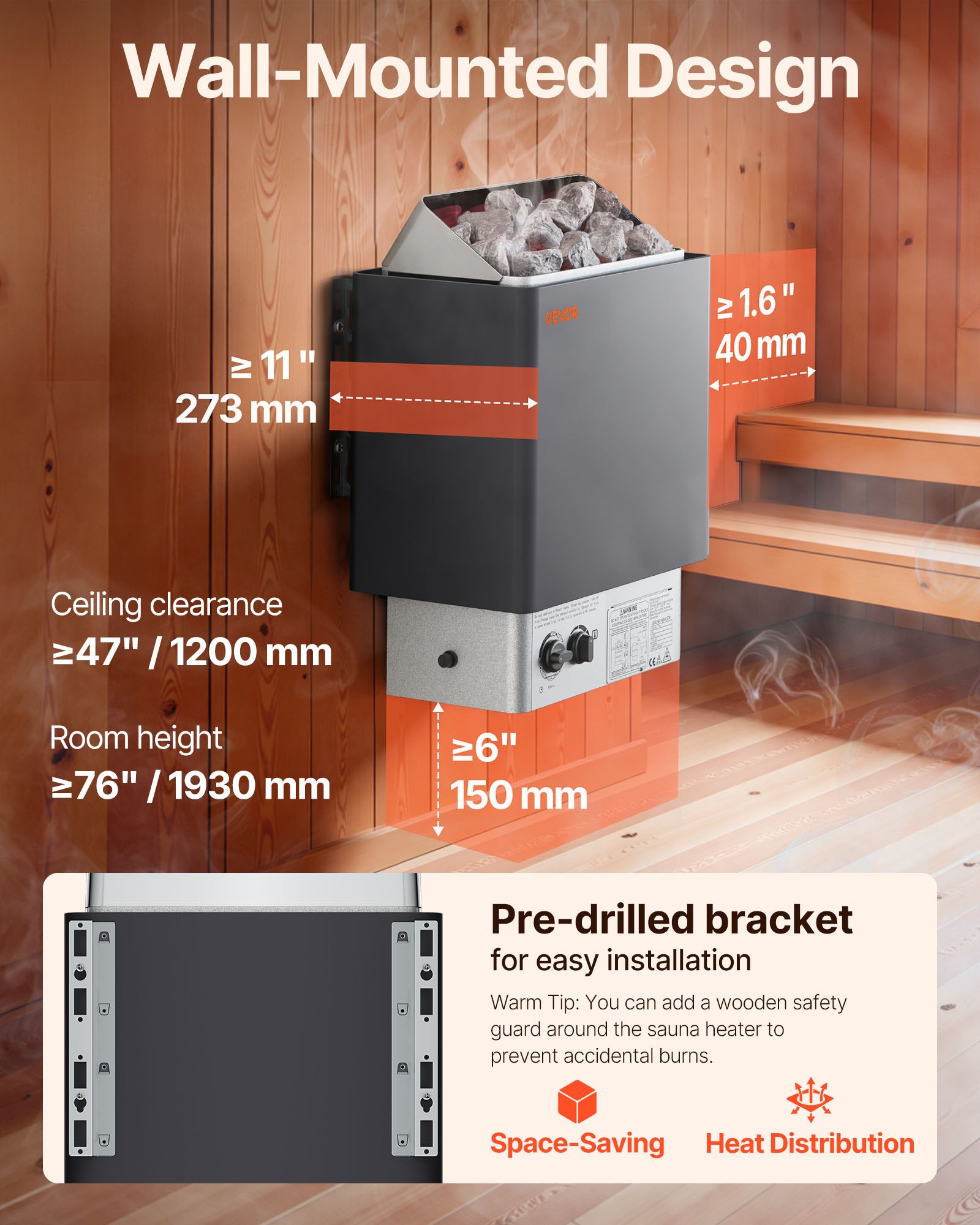 VEVOR 9KW Sauna Heater, Steam Bath Sauna Heater with Built-In Controls, Electric Sauna Stove, 3h Timer and Adjustable Temp for Max. 317-459 Cubic Feet, Home Hotel Spa Shower Use 220V