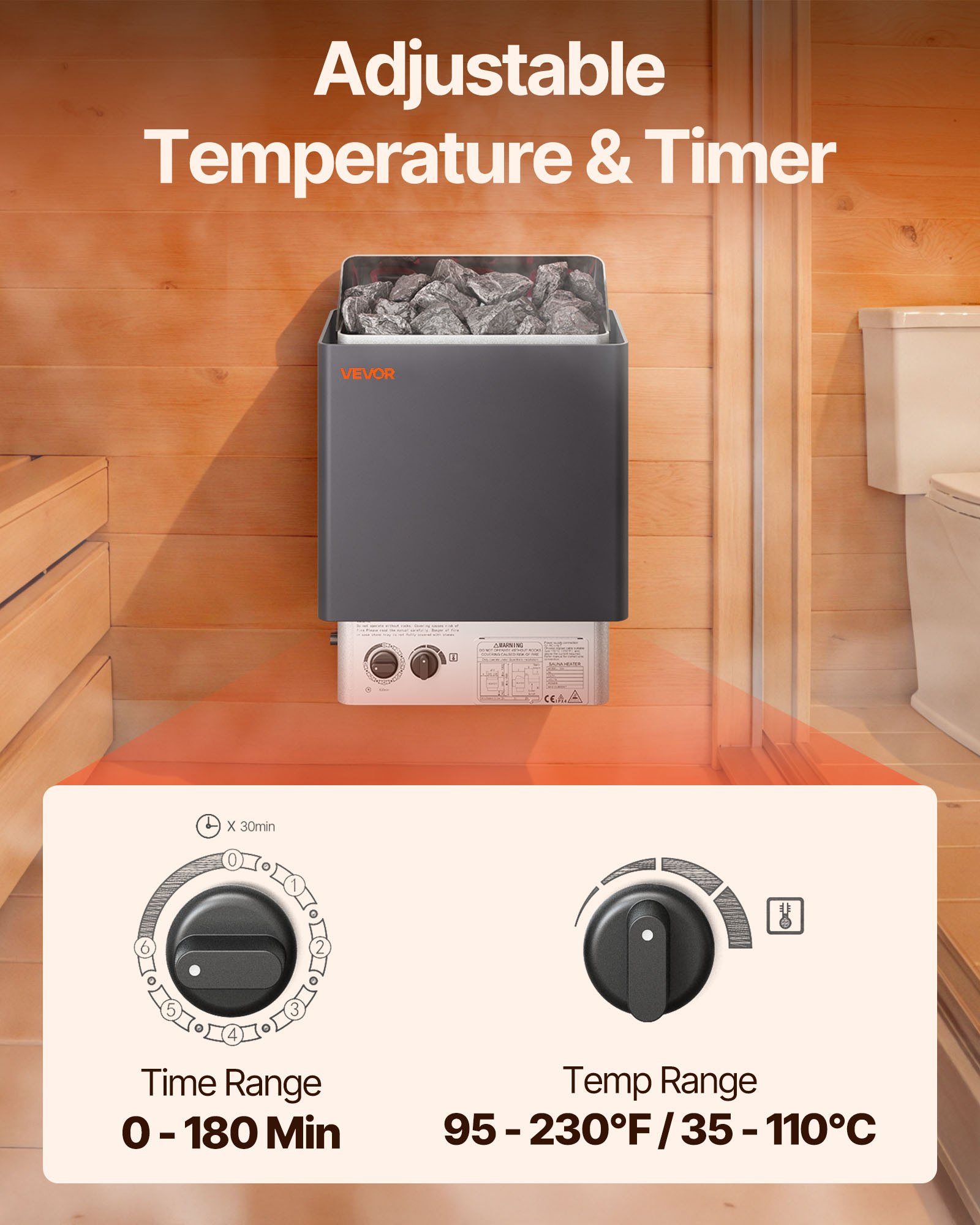 VEVOR 9KW Sauna Heater, Steam Bath Sauna Heater with Built-In Controls, Electric Sauna Stove, 3h Timer and Adjustable Temp for Max. 317-459 Cubic Feet, Home Hotel Spa Shower Use 220V