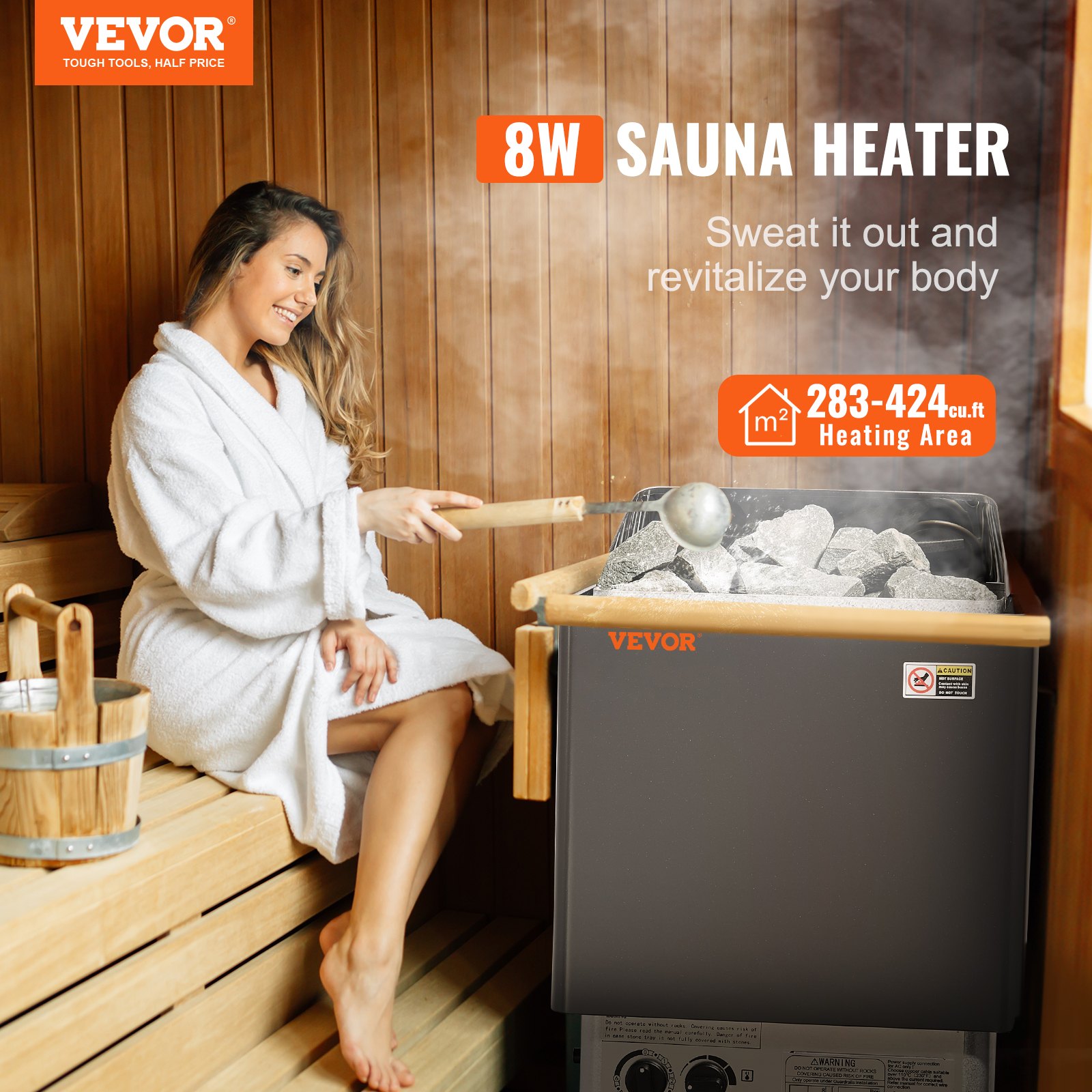 VEVOR Sauna Heater, 8KW Electric Sauna Stove, 400V 3N Portable Indoor/Outdoor Sauna Heater with 3h Timer, Built-In Controls for 8-12 m³ Home, Commercial Hotel Spa Shower Use, Max 110℃