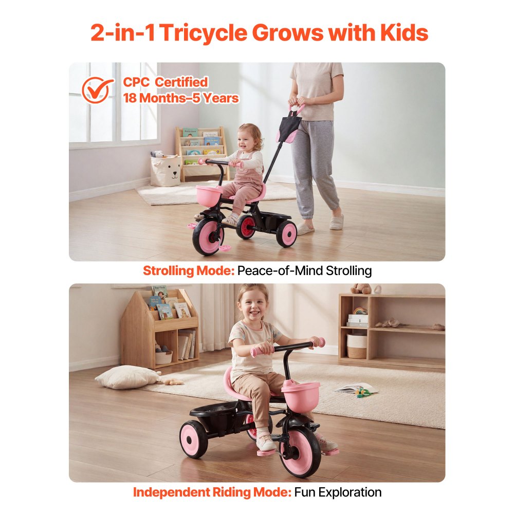 VEVOR Toddler Tricycle & Stroller for 18 Months to 5 Year Old, Kids Trike with Parent Push Handle, Adjustable Seat & Storage for Outdoor Play, Tricycle for Toddlers, Birthday Toy for Boys and Girls