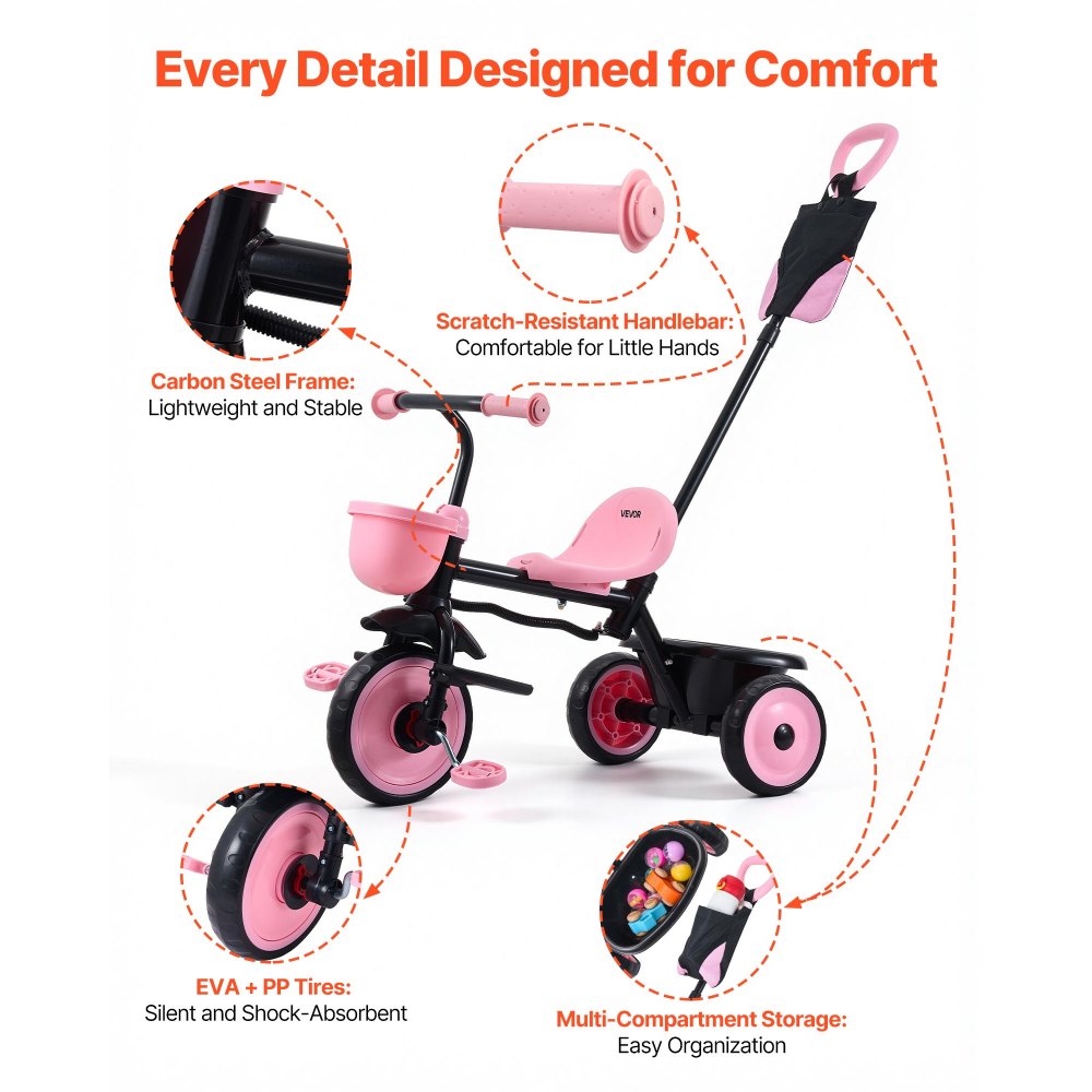 VEVOR Toddler Tricycle & Stroller for 18 Months to 5 Year Old, Kids Trike with Parent Push Handle, Adjustable Seat & Storage for Outdoor Play, Tricycle for Toddlers, Birthday Toy for Boys and Girls