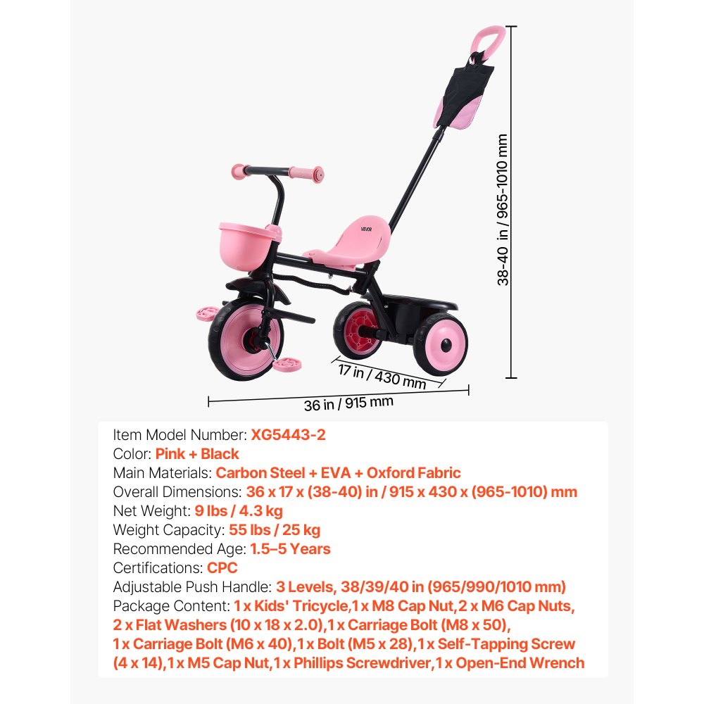 VEVOR Toddler Tricycle & Stroller for 18 Months to 5 Year Old, Kids Trike with Parent Push Handle, Adjustable Seat & Storage for Outdoor Play, Tricycle for Toddlers, Birthday Toy for Boys and Girls