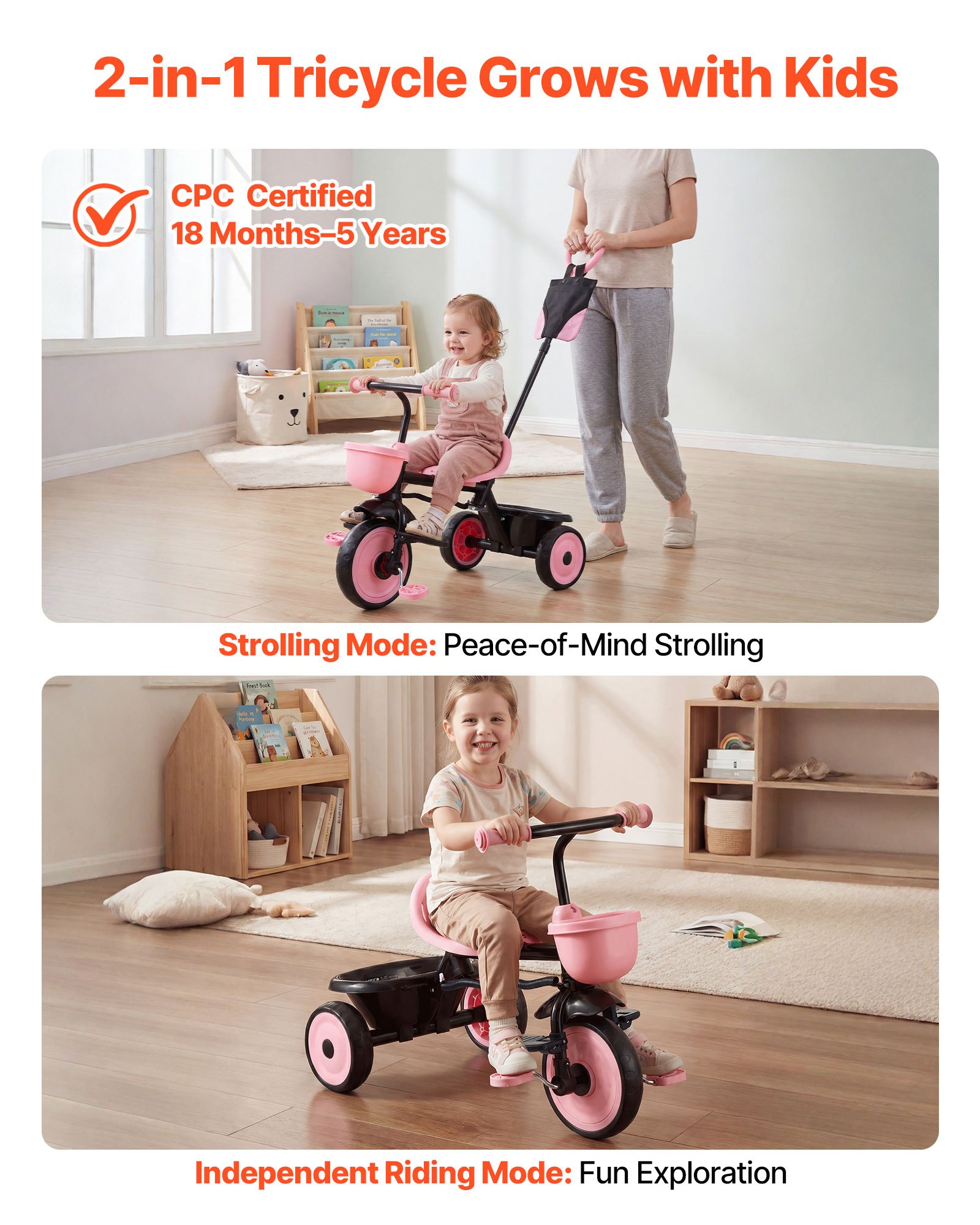 VEVOR Toddler Tricycle & Stroller for 18 Months to 5 Year Old, Kids Trike with Parent Push Handle, Adjustable Seat & Storage for Outdoor Play, Tricycle for Toddlers, Birthday Toy for Boys and Girls