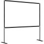 VEVOR projector screen 100inch with black frame and sturdy stands.