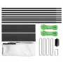 VEVOR movie screen parts including poles, ropes, bases, hooks, and fabric.
