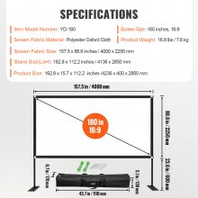 VEVOR Outdoor Movie Screen, 180" Portable Movie Screen, 16:9 HD Wide Angle Outdoor Projector Screen, Easy Assembly Portable Projector Screen w/ Storage Bag & Stand, Projector Screen  for Outdoor Use