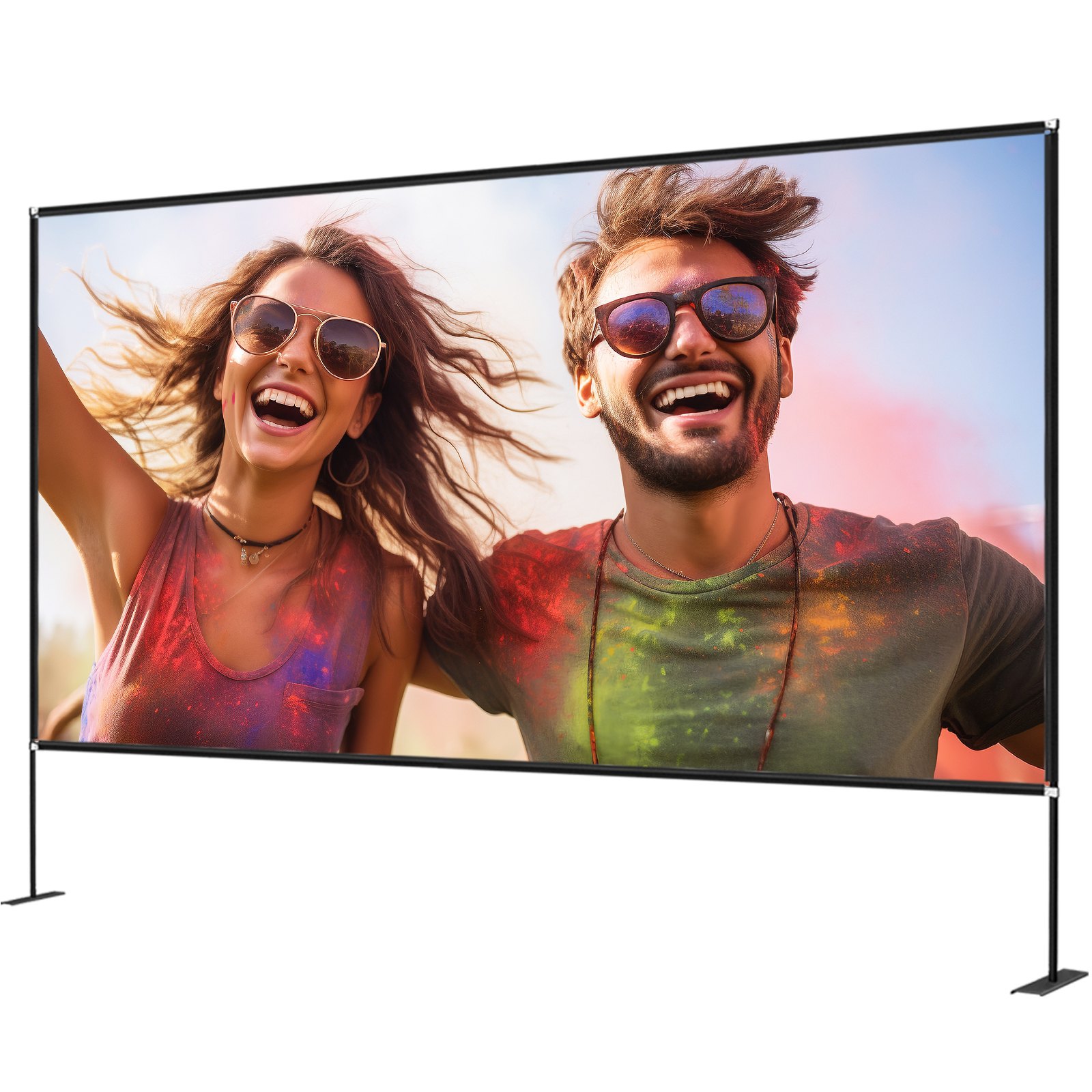 VEVOR movie screen showing a vibrant festival scene with colorful powder and happy people.