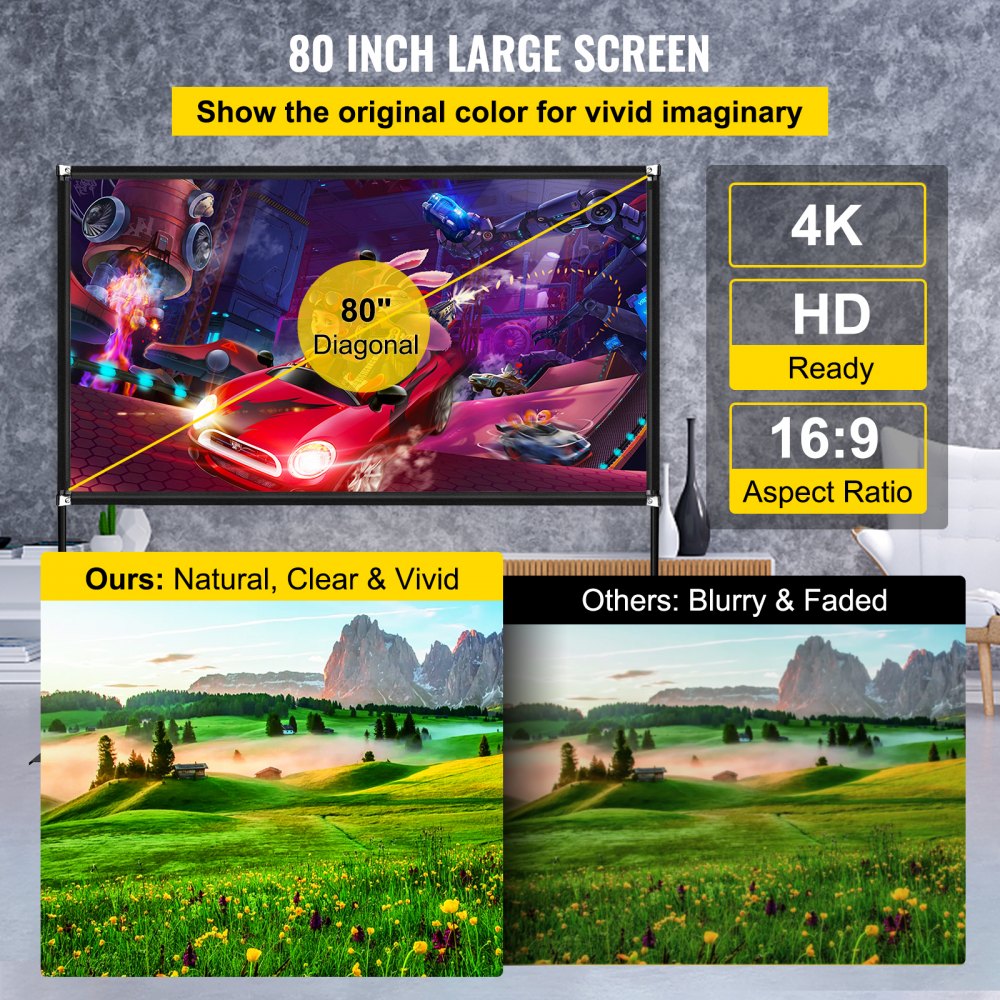 VEVOR Outdoor Movie Screen w/ Stand 80" Portable Movie Screen 16:9 HD Wide Angle Outdoor Projector Screen Easy Assembly Portable Projector Screen w/ Storage Bag Projector Screen Stand for Outdoor Use