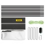 VEVOR portable projector screen components including rods, stakes, cords, and white screen fabric.