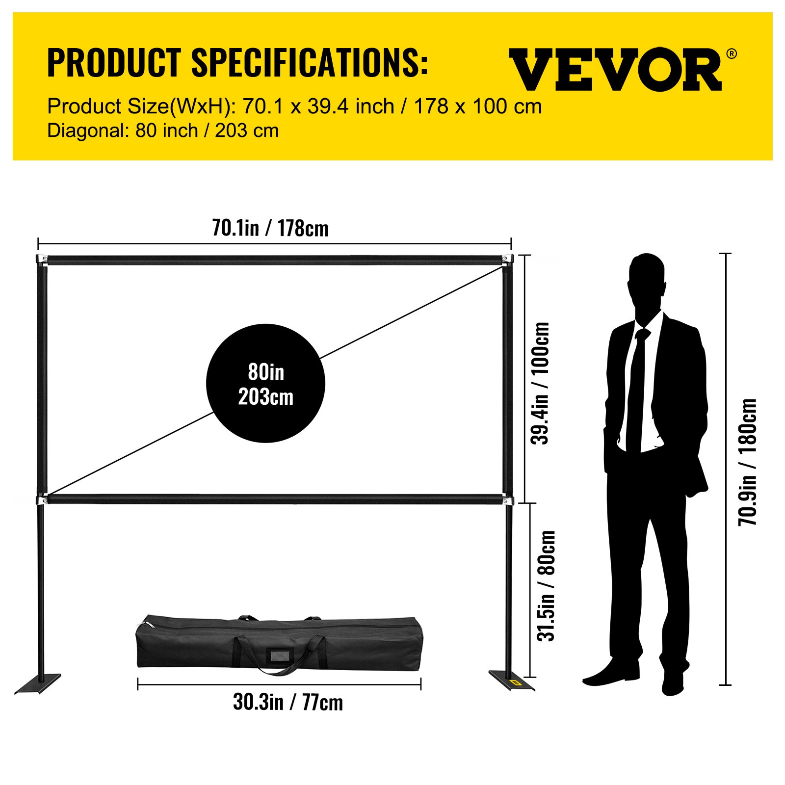 VEVOR portable projector screen, 80in diagonal, with a carrying bag and dimensions displayed.