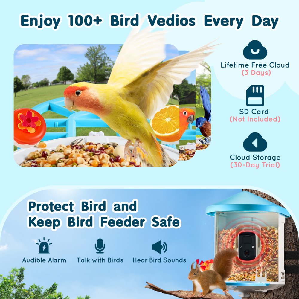 Comedero inteligente para pájaros VEVOR con cámara, 2K HD con IA que identifica más de 10 000 especies de aves, cámara solar para observación de aves con captura automática y notificación instantánea, regalo inalámbrico para exteriores para amantes de las aves (3 paneles solares)