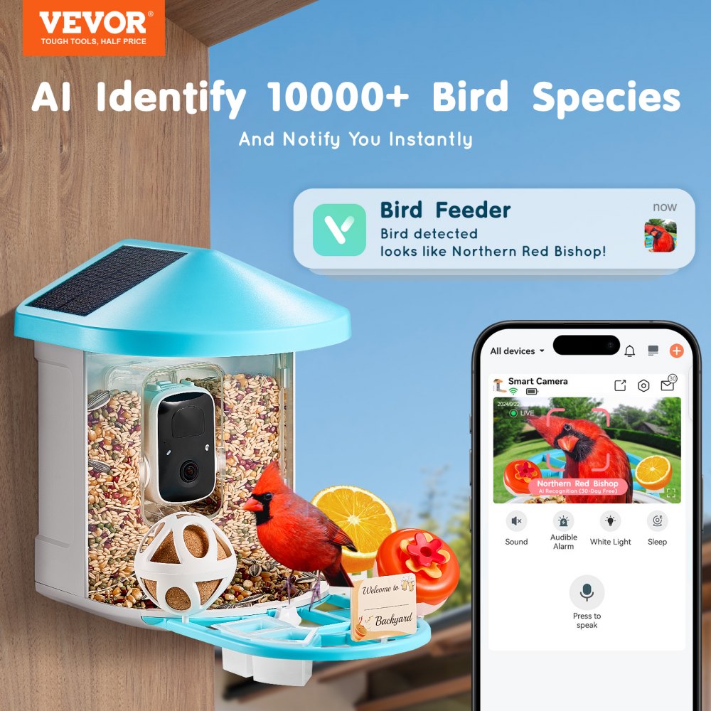 VEVOR Smart Bird Feeder with Camera, 2K HD AI Identify 10000+ Bird Species, Solar-Powered Bird Watching Camera with Auto Capture & Instant Notify, Wireless Outdoor Gift for Bird Lover (2 Solar Panels)