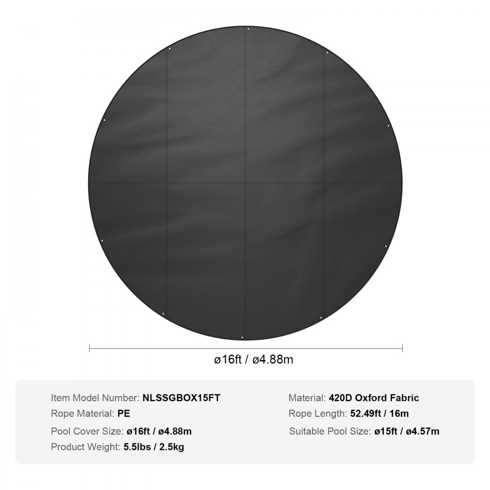 VEVOR 4.57m Round Pool Cover, Solar Covers for Above Ground Pools, Safety Pool Cover with Drawstring Design, 420D Oxford Fabric Winter Pool Cover, Waterproof and Dustproof, Black