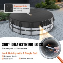 VEVOR 15 Ft Round Pool Cover, Solar Covers for Above Ground Pools, Safety Pool Cover with Drawstring Design, PVC Winter Pool Cover, Waterproof and Dustproof, Black