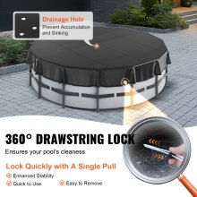 VEVOR 5.49m Round Pool Cover, Solar Covers for Above Ground Pools, Safety Pool Cover with Drawstring Design, PVC Winter Pool Cover, Waterproof and Dustproof, Black