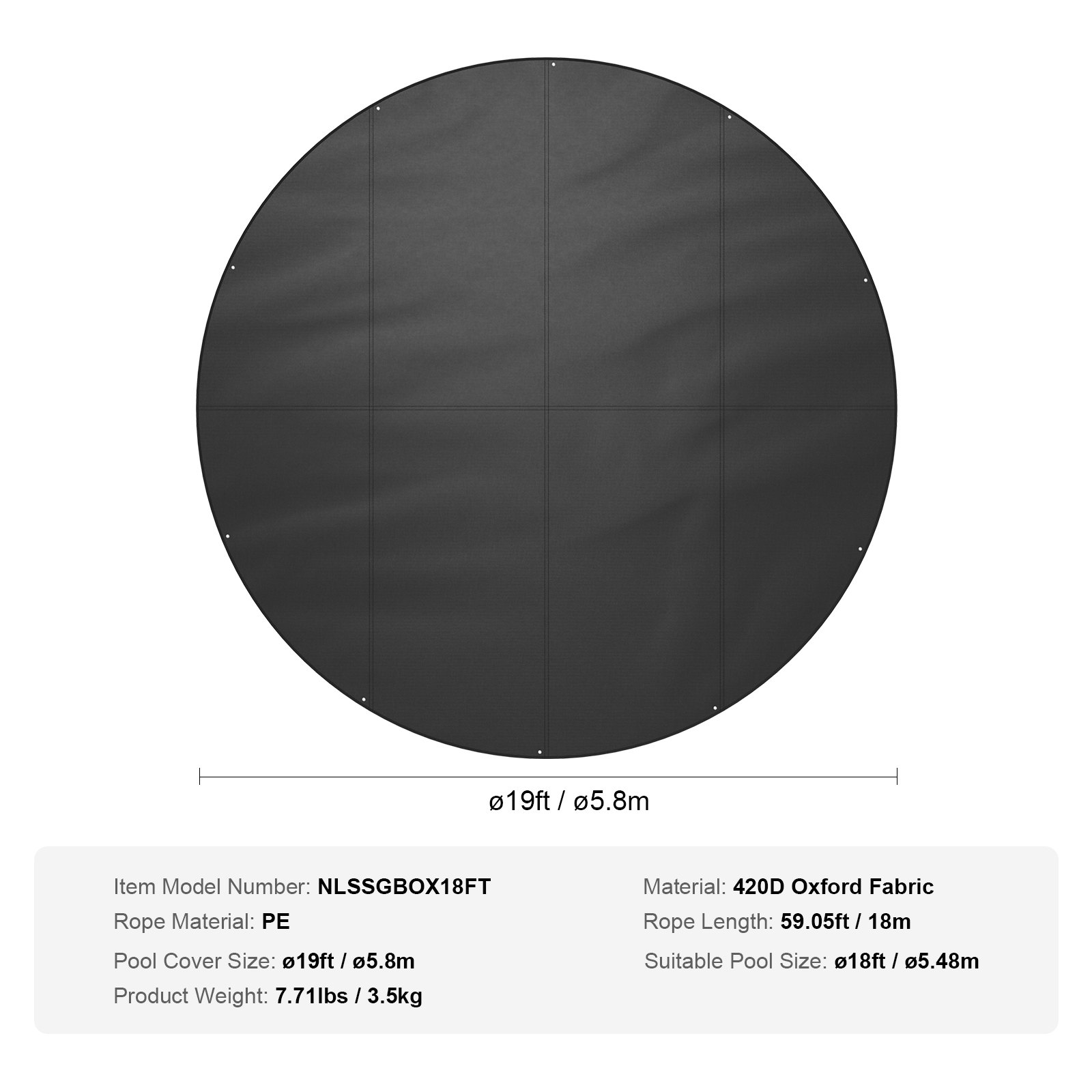 VEVOR 5.49m Round Pool Cover, Solar Covers for Above Ground Pools, Safety Pool Cover with Drawstring Design, 420D Oxford Fabric Winter Pool Cover, Waterproof and Dustproof, Black