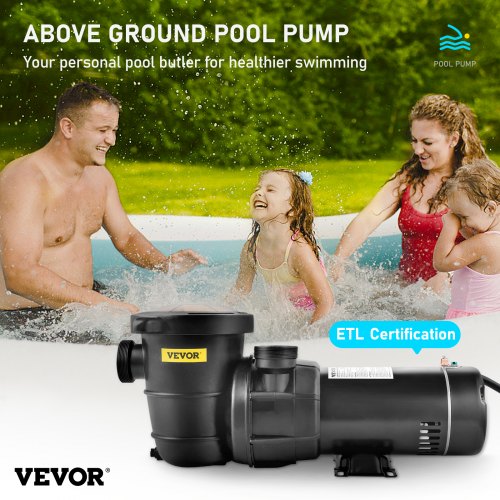 VEVOR Swimming Pool Pump 1.5HP 115V 1100W, Single Speed Pumps for Above Ground, Powerful Self Primming Pool Pumps w/ Strainer Filter Basket, 5280 GPH Max. Flow, Certification of ETL for Security