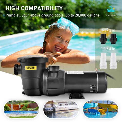 VEVOR Swimming Pool Pump 1.5HP 115V 1100W, Single Speed Pumps for Above Ground, Powerful Self Primming Pool Pumps w/ Strainer Filter Basket, 5280 GPH Max. Flow, Certification of ETL for Security