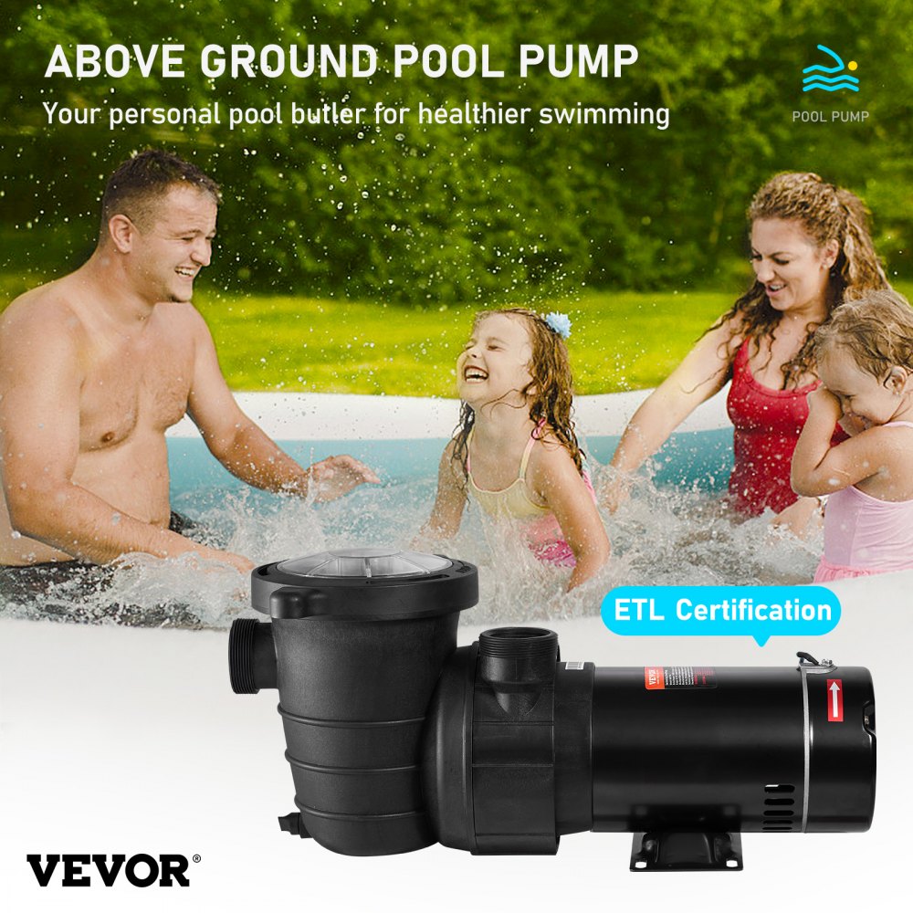 Bomba de piscina VEVOR de 1,5 HP, 115 V, 1100 W, de una sola velocidad para piscinas elevadas, potente con filtro de cesta, caudal máximo de 5280 GPH, certificación ETL de seguridad.