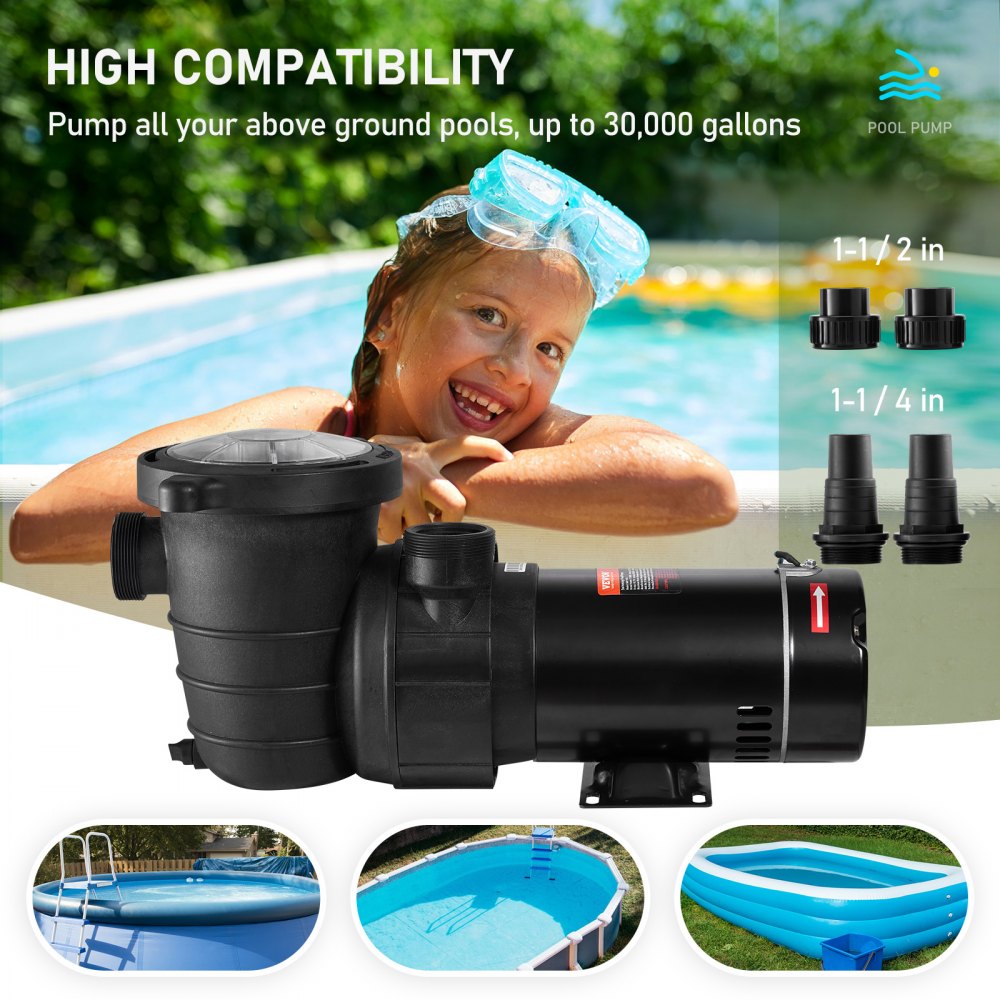 Bomba de piscina VEVOR de 1,5 HP, 115 V, 1100 W, de una sola velocidad para piscinas elevadas, potente con filtro de cesta, caudal máximo de 5280 GPH, certificación ETL de seguridad.