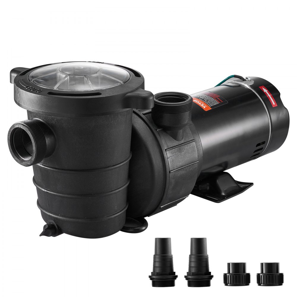 VEVOR swimming pool pump with attached filter lid and included connectors.