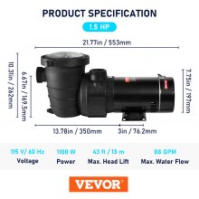 VEVOR Swimming Pool Pump, 1.5 HP 115 V, 1100 W Single Speed Pump for In/Above Ground Pool w/ Strainer Basket, 5280 GPH Max. Flow, Certification of ETL for Security