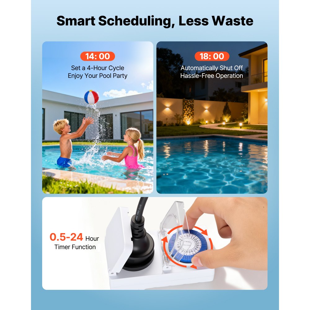 VEVOR Pool Pump, 1300W, 28,800 L/H Max Flow Single Speed Swimming Pool Pump, AC 220-240V, 2850 RPM, 17 m Max Head, with 24-Hour Timer & Filter Basket, for Above-Ground & In-Ground Pools, Hot Tubs, Spas