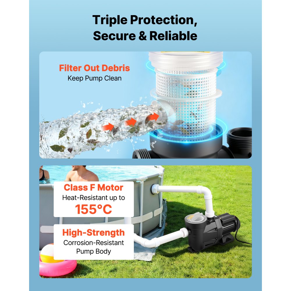 VEVOR Pool Pump, 1300W, 28,800 L/H Max Flow Single Speed Swimming Pool Pump, AC 220-240V, 2850 RPM, 17 m Max Head, with 24-Hour Timer & Filter Basket, for Above-Ground & In-Ground Pools, Hot Tubs, Spas