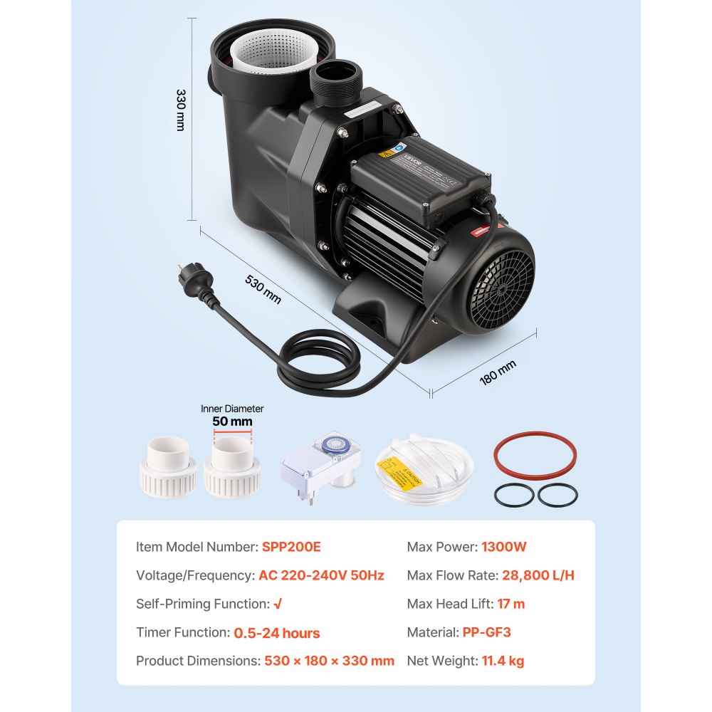 VEVOR Pool Pump, 1300W, 28,800 L/H Max Flow Single Speed Swimming Pool Pump, AC 220-240V, 2850 RPM, 17 m Max Head, with 24-Hour Timer & Filter Basket, for Above-Ground & In-Ground Pools, Hot Tubs, Spas