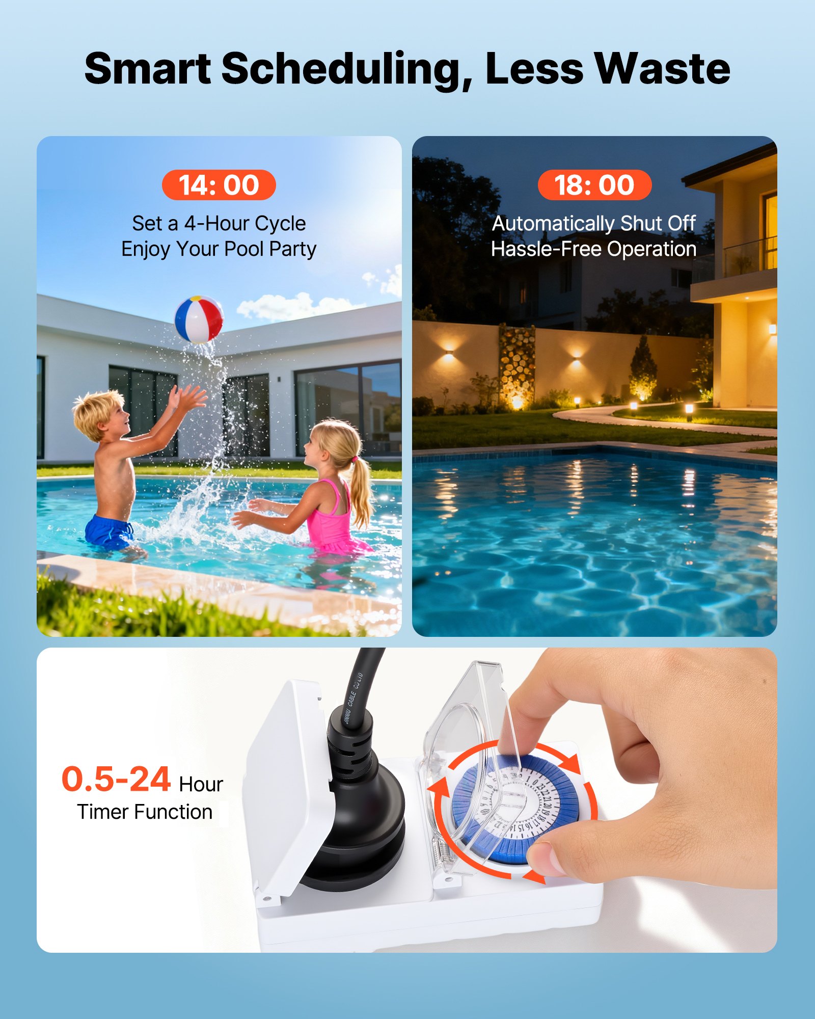 VEVOR Pool Pump, 1300W, 28,800 L/H Max Flow Single Speed Swimming Pool Pump, AC 220-240V, 2850 RPM, 17 m Max Head, with 24-Hour Timer & Filter Basket, for Above-Ground & In-Ground Pools, Hot Tubs, Spas