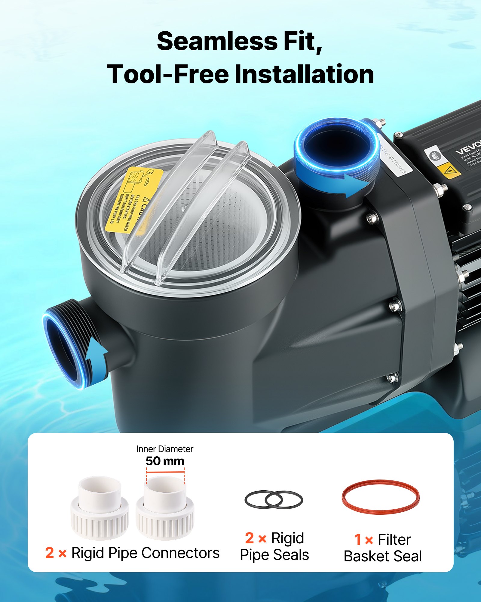 VEVOR Pool Pump, 1300W, 28,800 L/H Max Flow Single Speed Swimming Pool Pump, AC 220-240V, 2850 RPM, 17 m Max Head, with 24-Hour Timer & Filter Basket, for Above-Ground & In-Ground Pools, Hot Tubs, Spas