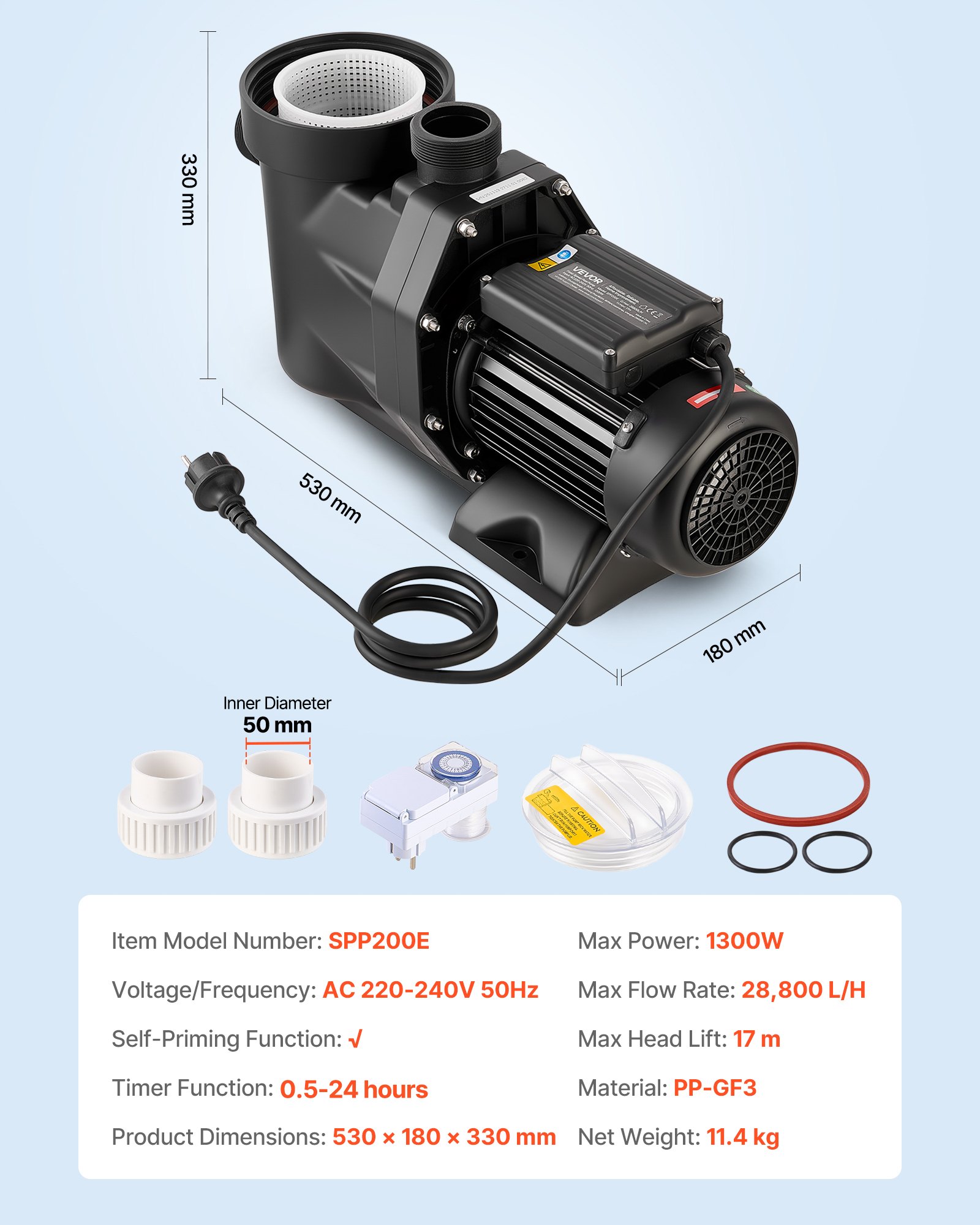 VEVOR Pool Pump, 1300W, 28,800 L/H Max Flow Single Speed Swimming Pool Pump, AC 220-240V, 2850 RPM, 17 m Max Head, with 24-Hour Timer & Filter Basket, for Above-Ground & In-Ground Pools, Hot Tubs, Spas