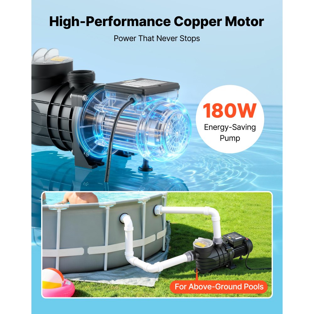 VEVOR Above Ground Pool Pump, 180W, 10,800 L/H Max Flow Single Speed Swimming Pool Pump, AC 220-240V, 2850 RPM, 8 m Max Head Lift, with Filter Basket & Lid, for Above Ground Pools, Hot Tubs, and Spas