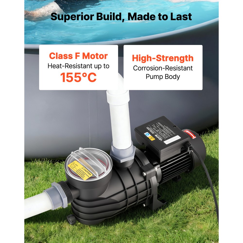 VEVOR Above Ground Pool Pump, 180W, 10,800 L/H Max Flow Single Speed Swimming Pool Pump, AC 220-240V, 2850 RPM, 8 m Max Head Lift, with Filter Basket & Lid, for Above Ground Pools, Hot Tubs, and Spas