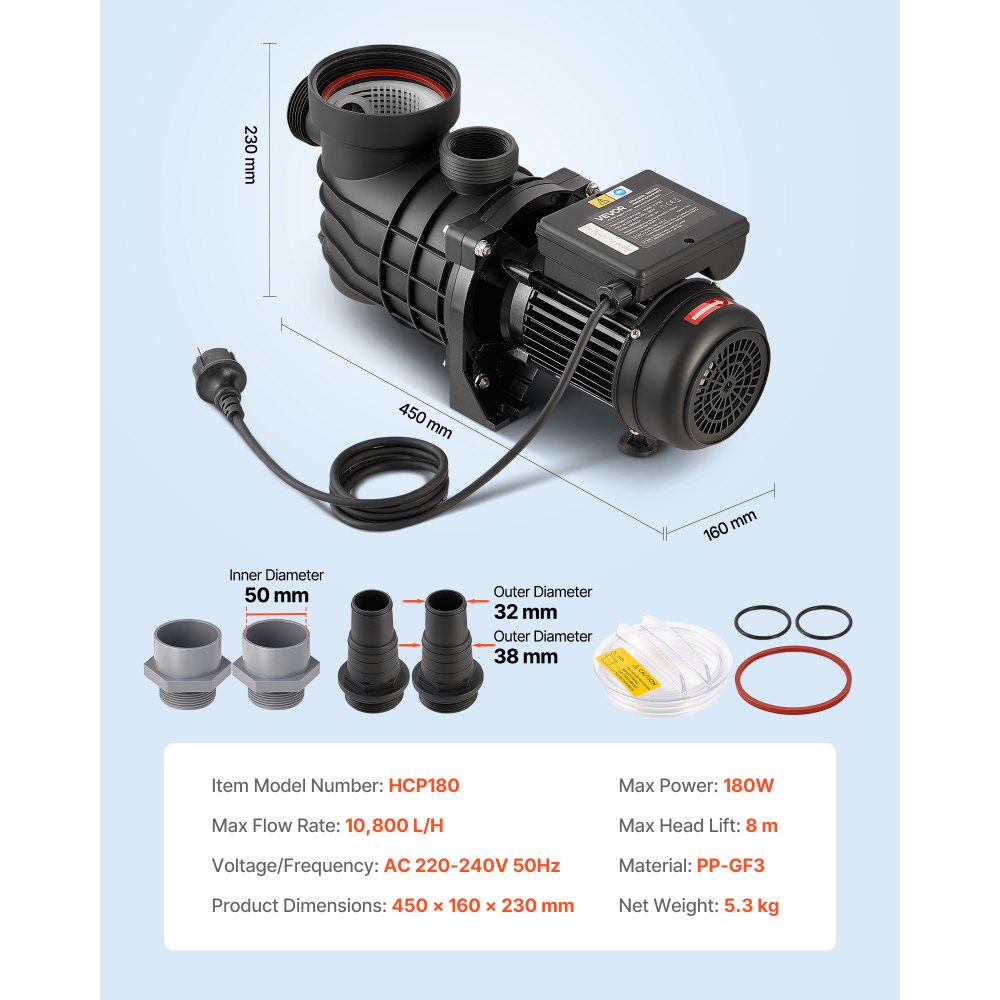 VEVOR Above Ground Pool Pump, 180W, 10,800 L/H Max Flow Single Speed Swimming Pool Pump, AC 220-240V, 2850 RPM, 8 m Max Head Lift, with Filter Basket & Lid, for Above Ground Pools, Hot Tubs, and Spas