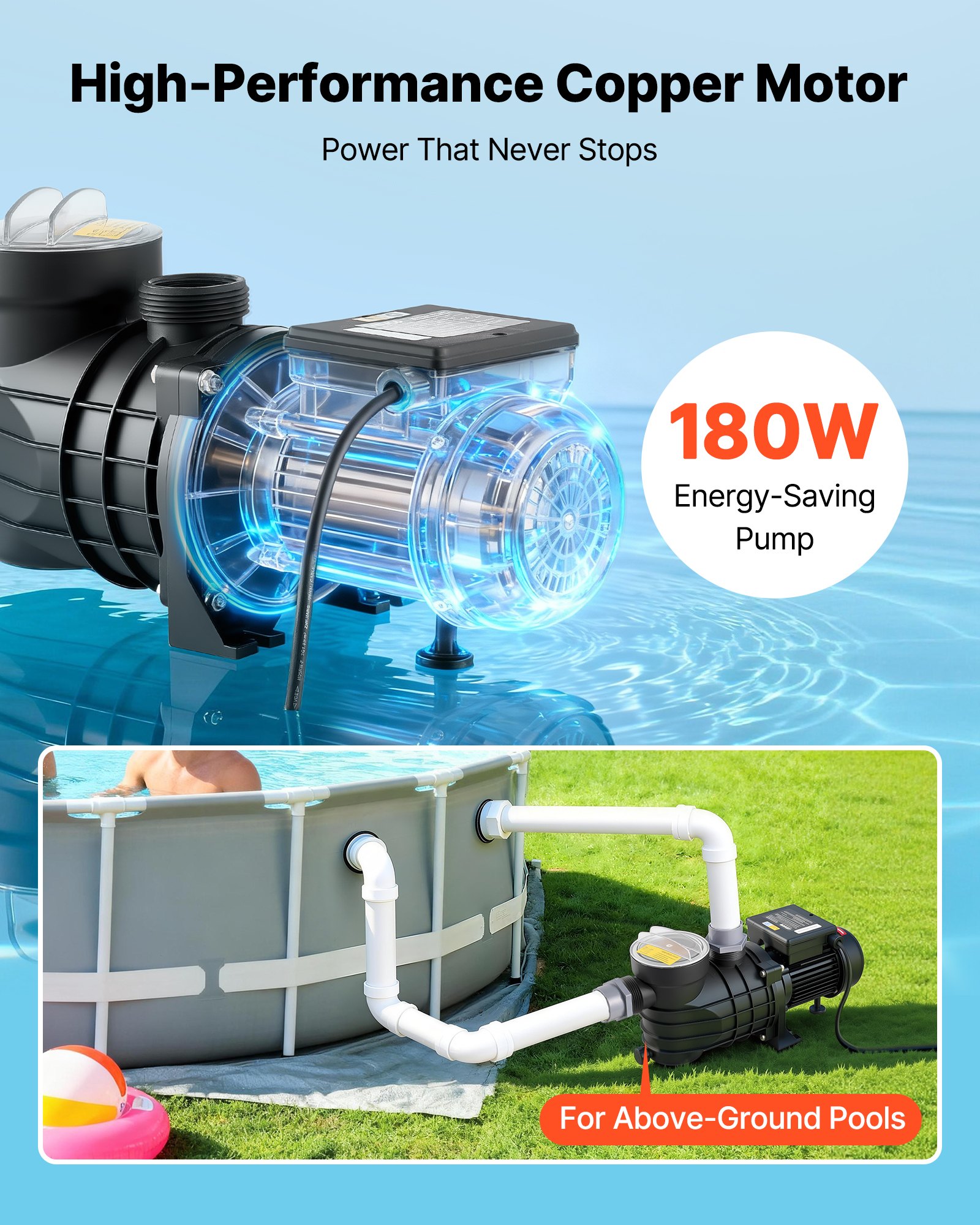 VEVOR Above Ground Pool Pump, 180W, 10,800 L/H Max Flow Single Speed Swimming Pool Pump, AC 220-240V, 2850 RPM, 8 m Max Head Lift, with Filter Basket & Lid, for Above Ground Pools, Hot Tubs, and Spas