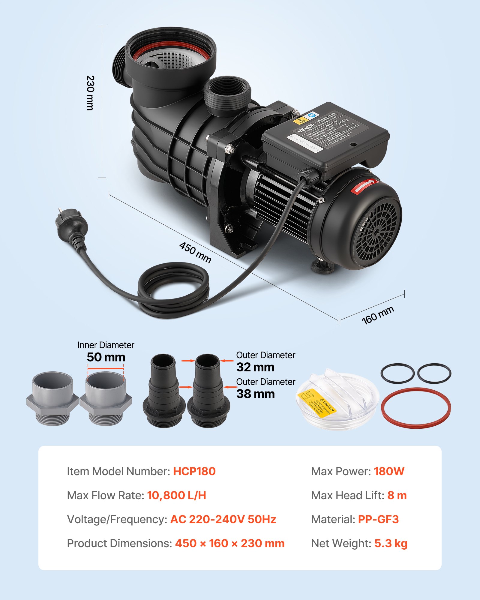 VEVOR Above Ground Pool Pump, 180W, 10,800 L/H Max Flow Single Speed Swimming Pool Pump, AC 220-240V, 2850 RPM, 8 m Max Head Lift, with Filter Basket & Lid, for Above Ground Pools, Hot Tubs, and Spas