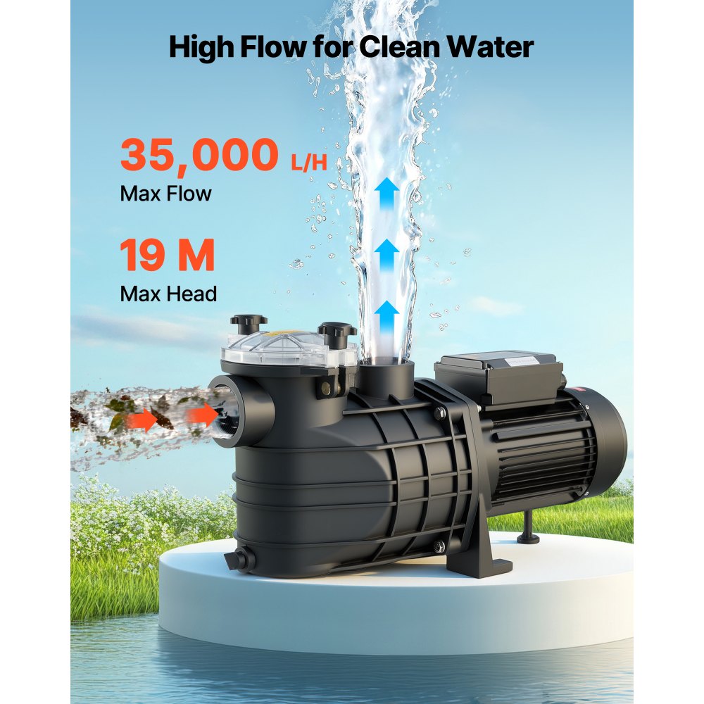 VEVOR Pool Pump, 3000W, 35,000 L/H Max Flow Single Speed Swimming Pool Pump, AC 220-240V, 2860 RPM, 19 m Max Head, with 24-Hour Timer & Filter Basket, for Above-Ground & In-Ground Pools, Hot Tubs, Spas