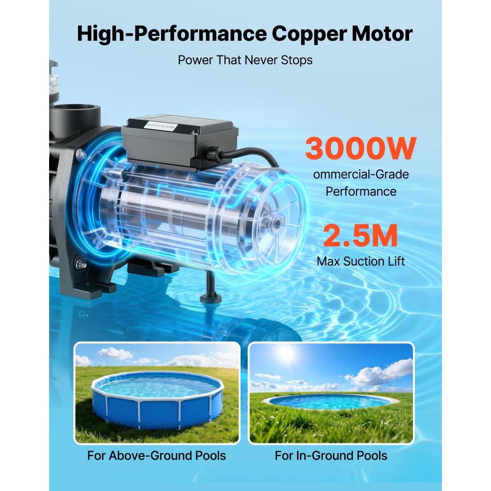 VEVOR Pool Pump, 3000W, 35,000 L/H Max Flow Single Speed Swimming Pool Pump, AC 220-240V, 2860 RPM, 19 m Max Head, with 24-Hour Timer & Filter Basket, for Above-Ground & In-Ground Pools, Hot Tubs, Spas