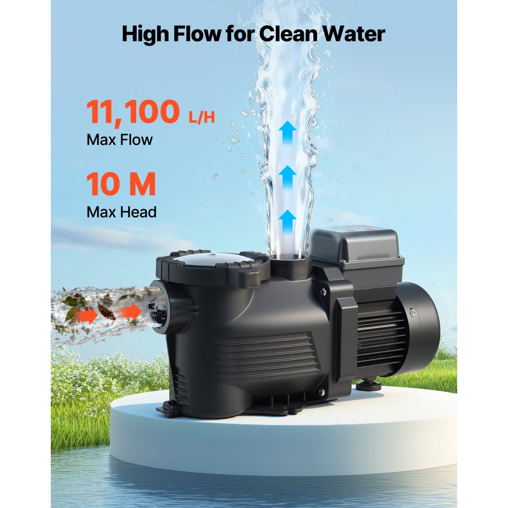 VEVOR Pool Pump, 400W, 11,100 L/H Max Flow Single Speed Swimming Pool Pump, AC 220-240V, 3450 RPM, 10 m Max Head, with 24-Hour Timer & Filter Basket, for Above-Ground & In-Ground Pools, Hot Tubs, Spas