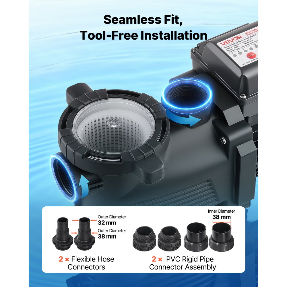 VEVOR Pool Pump, 400W, 11,100 L/H Max Flow Single Speed Swimming Pool Pump, AC 220-240V, 3450 RPM, 10 m Max Head, with 24-Hour Timer & Filter Basket, for Above-Ground & In-Ground Pools, Hot Tubs, Spas