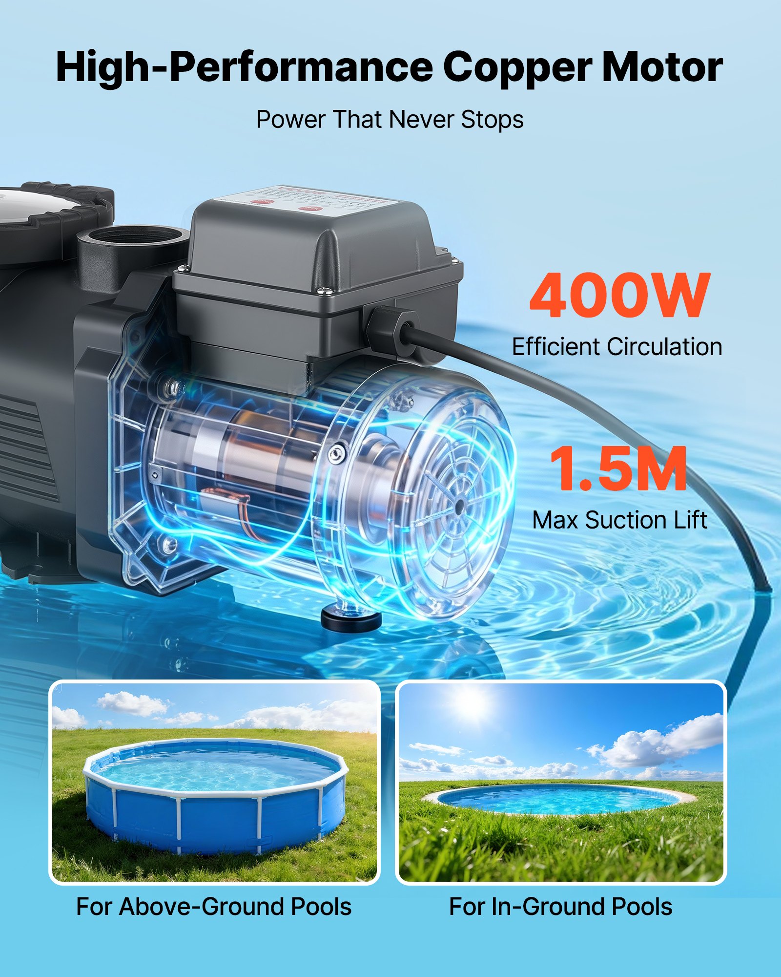 VEVOR Pool Pump, 400W, 11,100 L/H Max Flow Single Speed Swimming Pool Pump, AC 220-240V, 3450 RPM, 10 m Max Head, with 24-Hour Timer & Filter Basket, for Above-Ground & In-Ground Pools, Hot Tubs, Spas