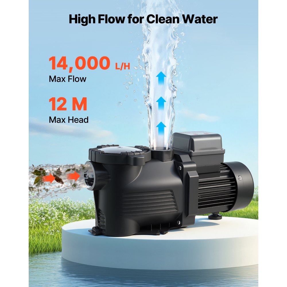 VEVOR Pool Pump, 550W, 14,000 L/H Max Flow Single Speed Swimming Pool Pump, AC 220-240V, 3450 RPM, 12 m Max Head, with 24-Hour Timer & Filter Basket, for Above-Ground & In-Ground Pools, Hot Tubs, Spas