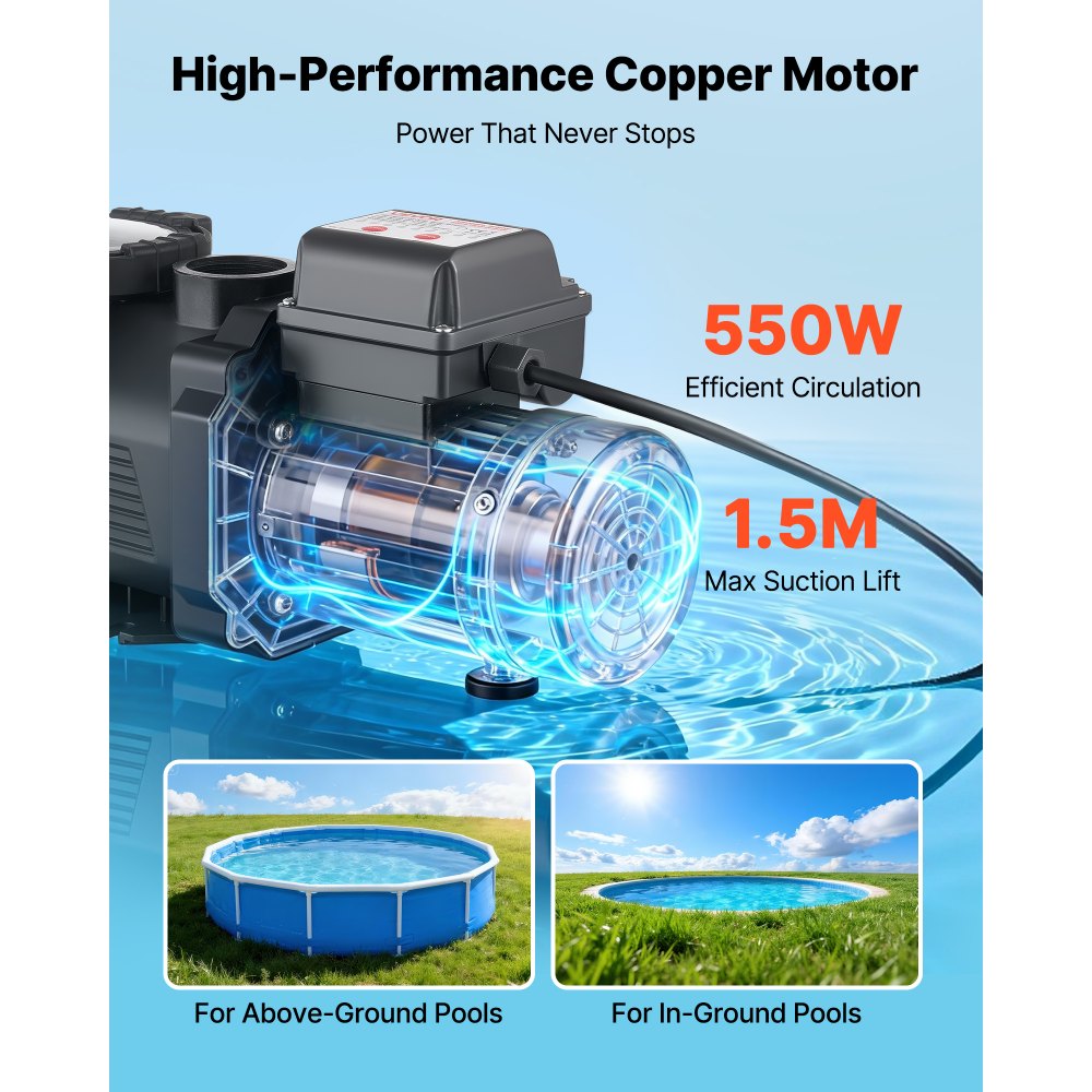 VEVOR Pool Pump, 550W, 14,000 L/H Max Flow Single Speed Swimming Pool Pump, AC 220-240V, 3450 RPM, 12 m Max Head, with 24-Hour Timer & Filter Basket, for Above-Ground & In-Ground Pools, Hot Tubs, Spas