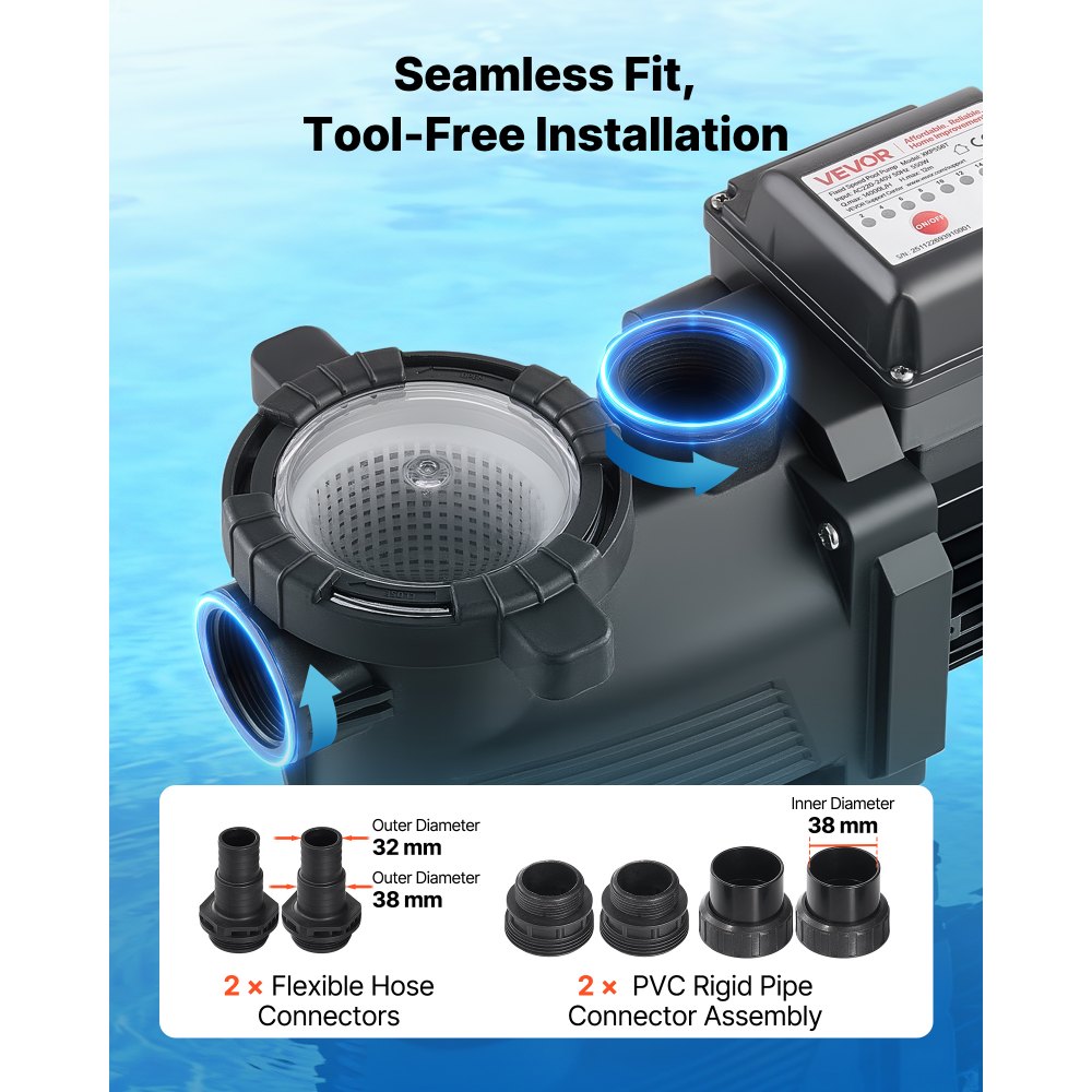 VEVOR Pool Pump, 550W, 14,000 L/H Max Flow Single Speed Swimming Pool Pump, AC 220-240V, 3450 RPM, 12 m Max Head, with 24-Hour Timer & Filter Basket, for Above-Ground & In-Ground Pools, Hot Tubs, Spas