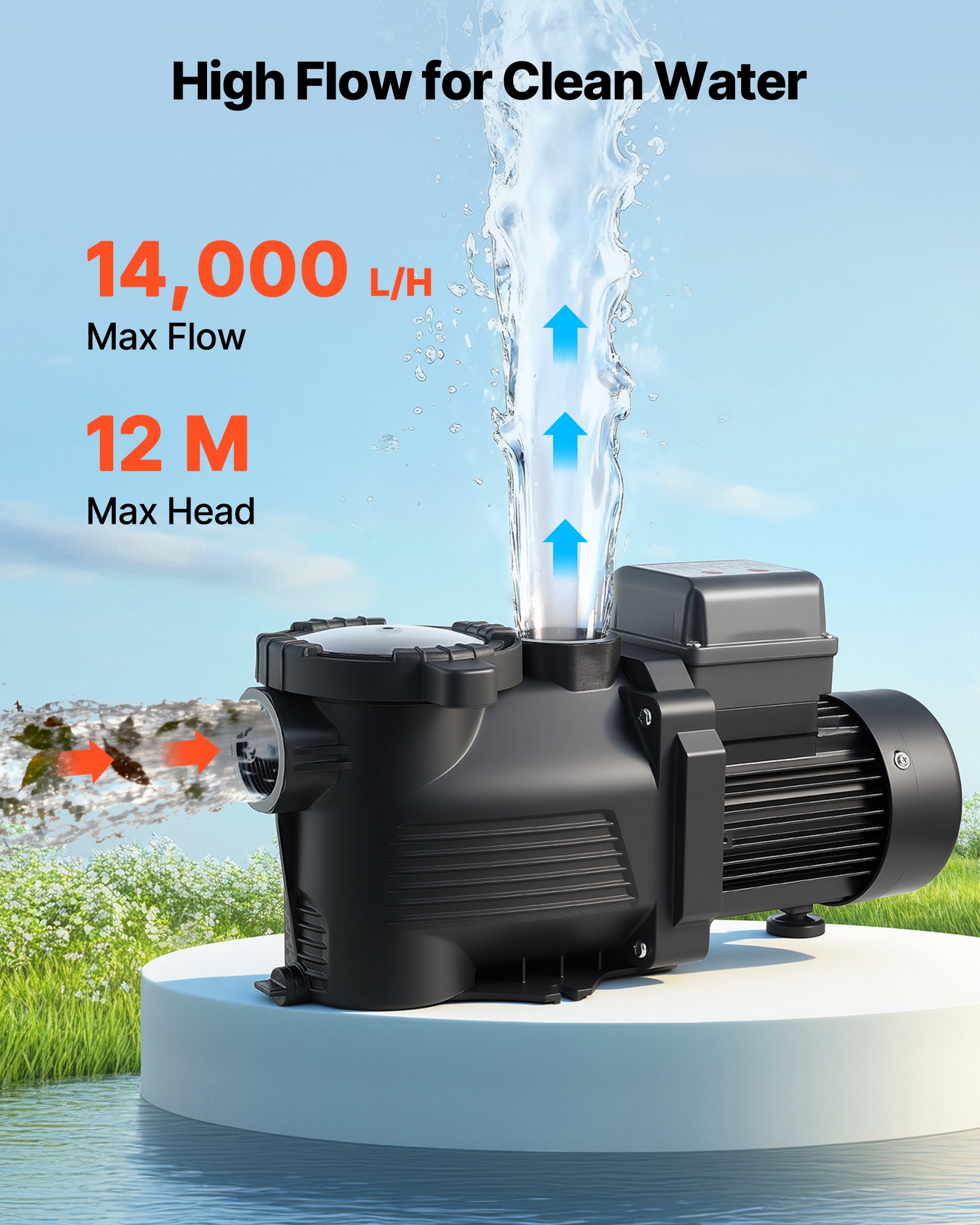 VEVOR Pool Pump, 550W, 14,000 L/H Max Flow Single Speed Swimming Pool Pump, AC 220-240V, 3450 RPM, 12 m Max Head, with 24-Hour Timer & Filter Basket, for Above-Ground & In-Ground Pools, Hot Tubs, Spas