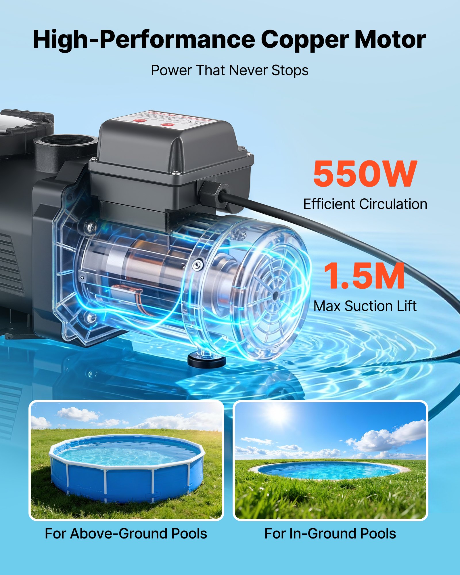 VEVOR Pool Pump, 550W, 14,000 L/H Max Flow Single Speed Swimming Pool Pump, AC 220-240V, 3450 RPM, 12 m Max Head, with 24-Hour Timer & Filter Basket, for Above-Ground & In-Ground Pools, Hot Tubs, Spas